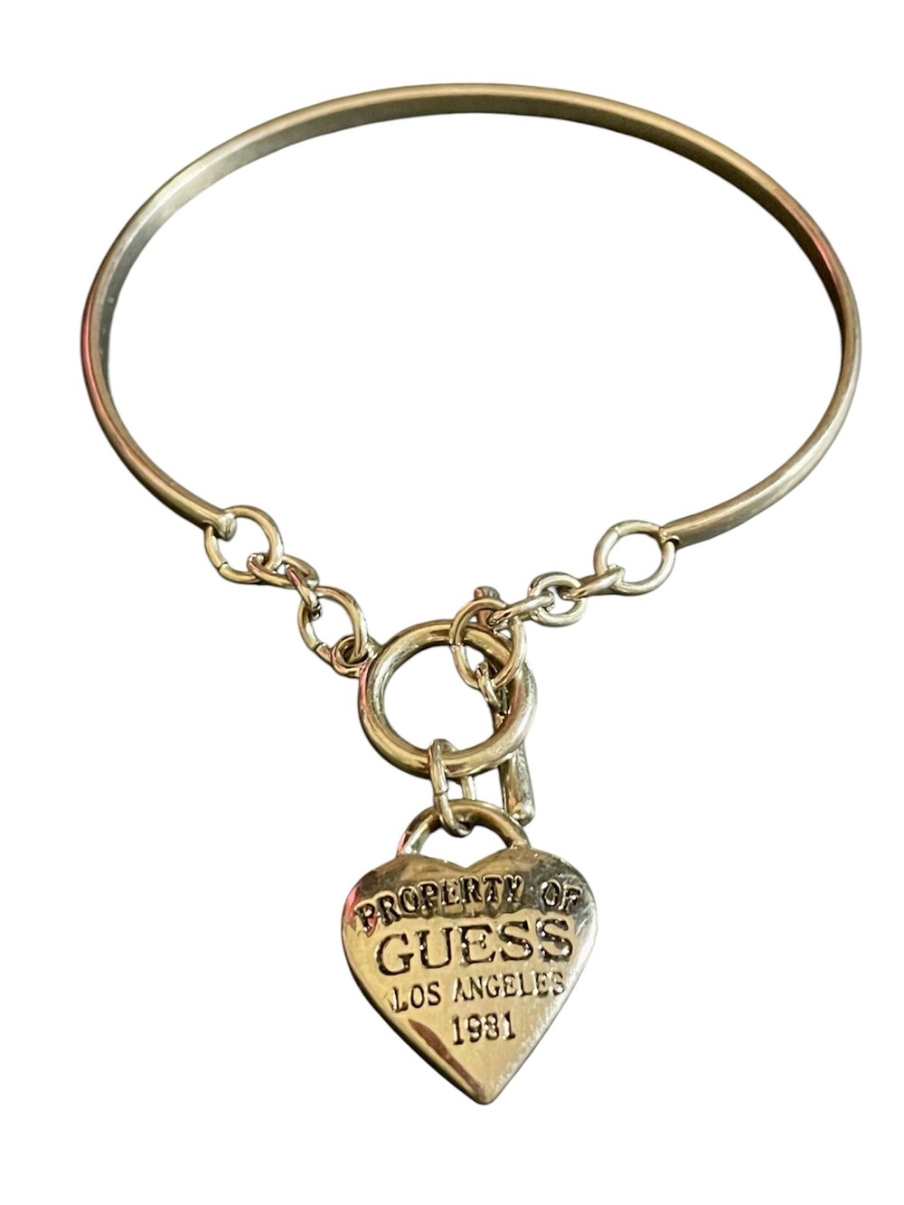 GUESS Silver-Tone Heart Charm Bangle Bracelet with Logo Tag